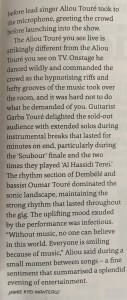 Second part of Songhoy Blues live review. Published in Songlines magazine.