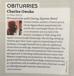 An obituary for percussionist Charles Owoko. Published in Songlines magazine.
